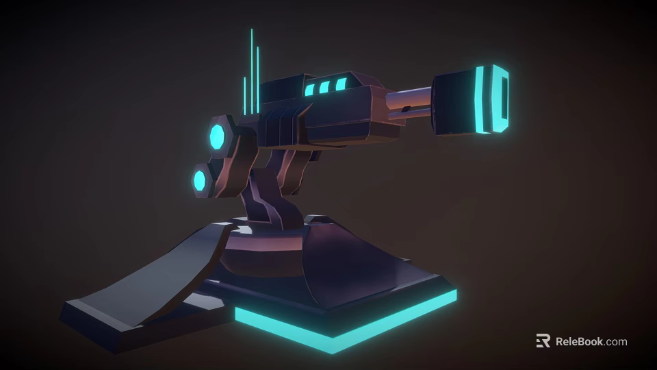 Futuristic Energy Weapon with Blue Glowing Elements Mounted on Dark Colored Base 3D Model Design 3d model 