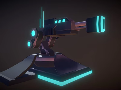 Futuristic Energy Weapon with Blue Glowing Elements Mounted on Dark Colored Base 3D Model Design 3d model