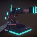 Futuristic Energy Weapon with Blue Glowing Elements Mounted on Dark Colored Base 3D Model Design