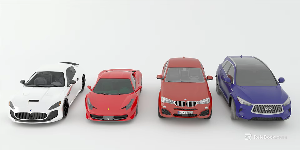 Variety of Cars Featuring White Sports Car Red Sedan and Blue SUV Models 3d model 