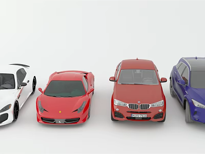 Variety of Cars Featuring White Sports Car Red Sedan and Blue SUV Models 3d model