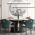 Elegant Restaurant Interior With Round Dining Table Green Brown Chairs Circular Decorative Painting And Hanging Lights
