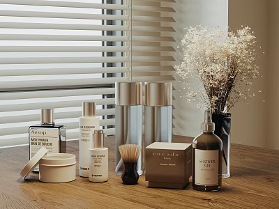 Elegant Perfume And Cosmetics Collection With Glass Bottles Brush And Dried Flowers On Wooden Table 3d model