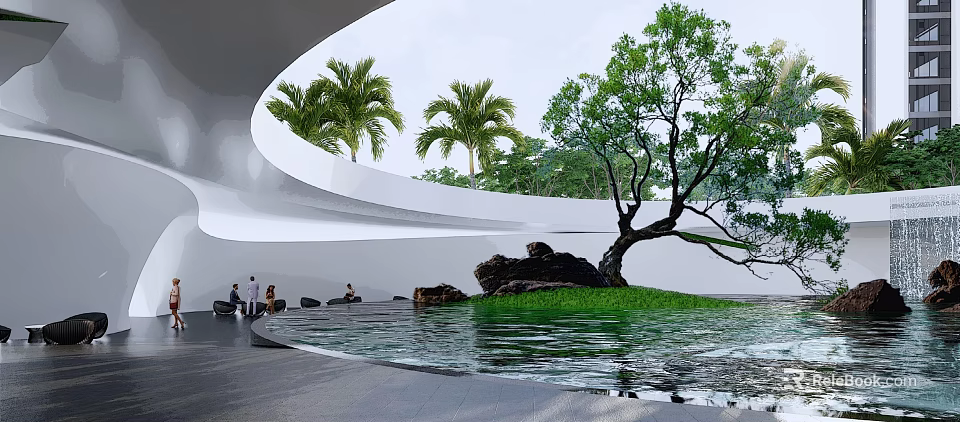 Modern Outdoor Landscape With Water Pool Palm Trees Rock Grass And Relaxation Area 3d model 