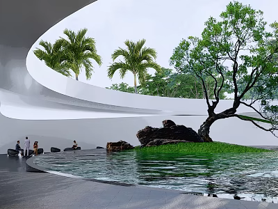 Modern Outdoor Landscape With Water Pool Palm Trees Rock Grass And Relaxation Area 3d model