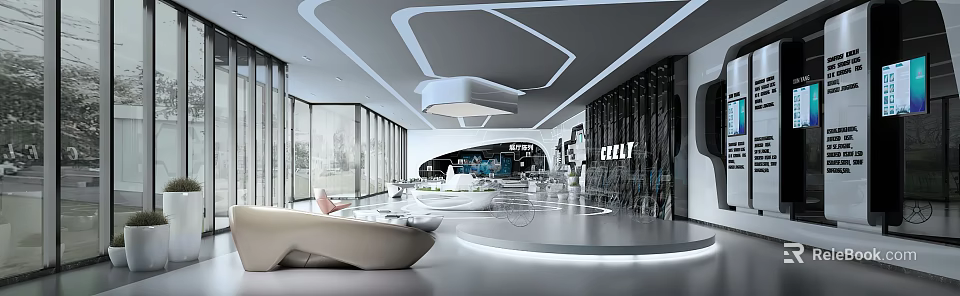 Modern Exhibition Hall Interior With Curved Ceiling Glass Walls And Display Areas 3d model 