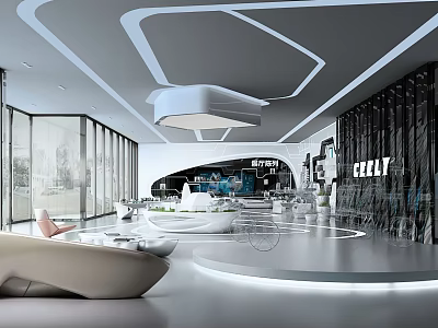 Modern Exhibition Hall Interior With Curved Ceiling Glass Walls And Display Areas 3d model