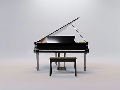 Classic Black Grand Piano With Stool On Light Background For Musical Instrument Showcase 3d model