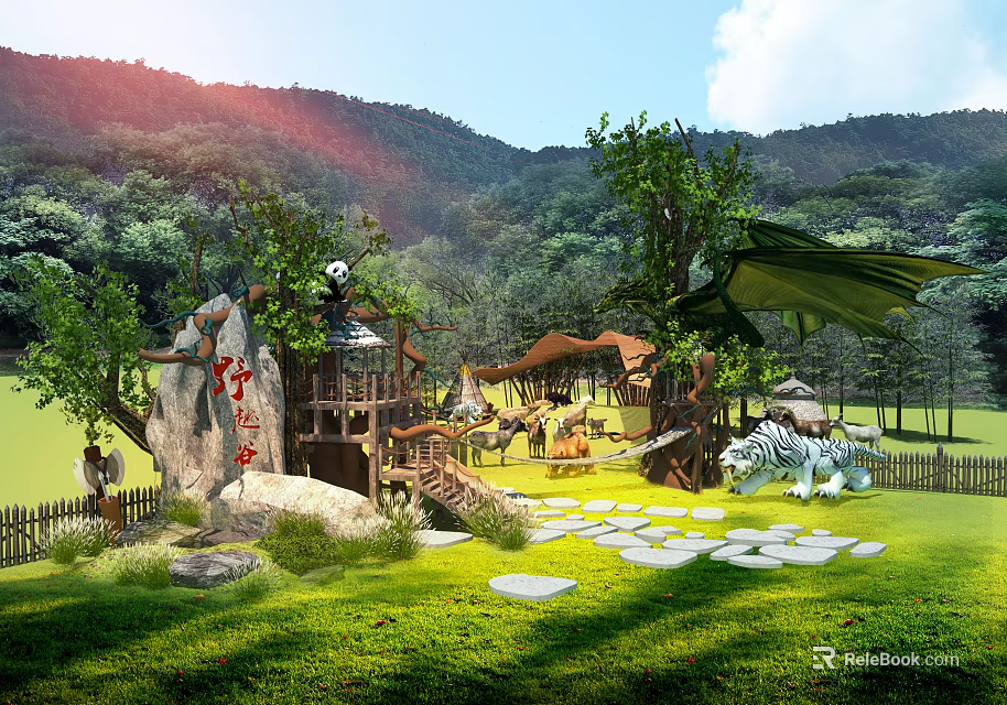 Bamboo Forest Scenic Spot With Mountain Views Wooden Structures Animal Statues And Stone Paths 3d model 