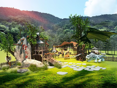 Bamboo Forest Scenic Spot With Mountain Views Wooden Structures Animal Statues And Stone Paths 3d model