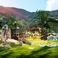 Bamboo Forest Scenic Spot With Mountain Views Wooden Structures Animal Statues And Stone Paths