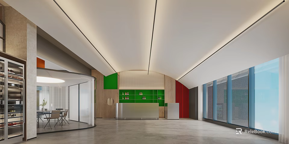 Modern Reception Desk Interior With Green Accent Wall Wooden Decor Curved Ceiling And Glass Partitions 3d model 