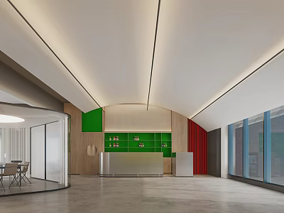 Modern Reception Desk Interior With Green Accent Wall Wooden Decor Curved Ceiling And Glass Partitions 3d model