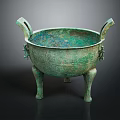 Ancient Chinese Bronze Ding Vessel With Three Legs Intricate Patterns And Handles
