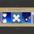 Modern Exhibition Booth With Blue White Design Multiple Screens Tables Chairs And Service Desk Person