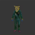 Person In Blue Jumpsuit With Wolf Head Mask And Yellow Eyes Horror Costume