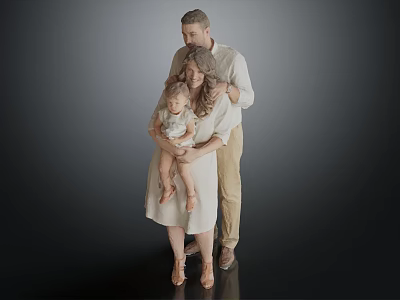 Family Of Three Posing In Studio With Neutral Clothing And Soft Lighting 3d model