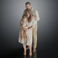 Family Of Three Posing In Studio With Neutral Clothing And Soft Lighting