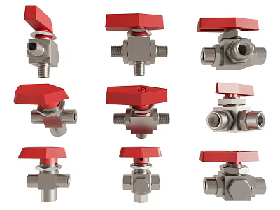 Multiple Metal Pipe Valves With Red Handles For Industrial Plumbing Applications 3d model