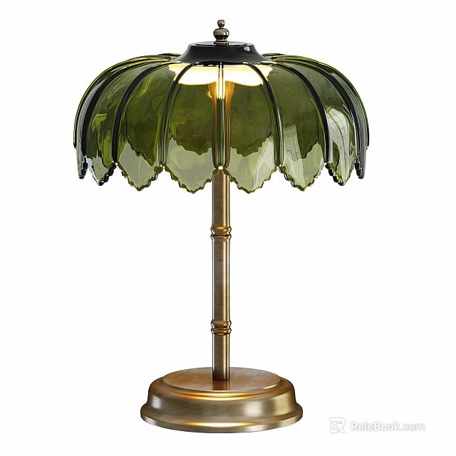 Elegant Petal Shaped Green Glass Table Lamp With Golden Pole And Base 3d model 