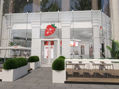 Modern Milk Tea Shop Exterior With Glass Facade Outdoor Seating And Green Plants 3d model