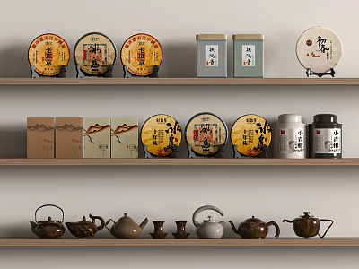 Traditional Chinese Tea Sets Display with Ceramic Teapots Tea Cakes and Canisters on Wooden Shelves 3d model