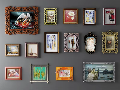 Assorted Picture Frames With Various Styles Hanging On Gray Wall 3d model