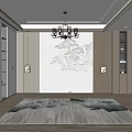 Elegant Modern Bed Backdrop Wall With White Line Pattern And Wooden Side Cabinets 3d model