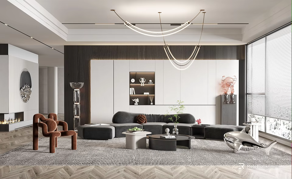 Modern Living Room With Gray Sofa Brown Chair Coffee Table Hanging Chandelier And Herringbone Rug 3d model 