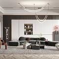 Modern Living Room With Gray Sofa Brown Chair Coffee Table Hanging Chandelier And Herringbone Rug