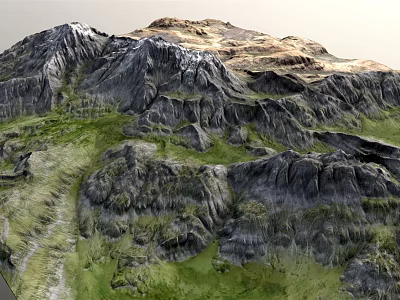 Rugged Mountain Landscape With Snow Capped Peaks And Lush Green Vegetation 3d model