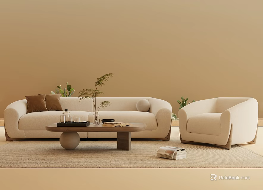Beige Sofa And Coffee Table Set With Armchair Vase Books Rug And Green Plants 3d model 