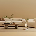 Beige Sofa And Coffee Table Set With Armchair Vase Books Rug And Green Plants