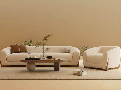 Beige Sofa And Coffee Table Set With Armchair Vase Books Rug And Green Plants 3d model