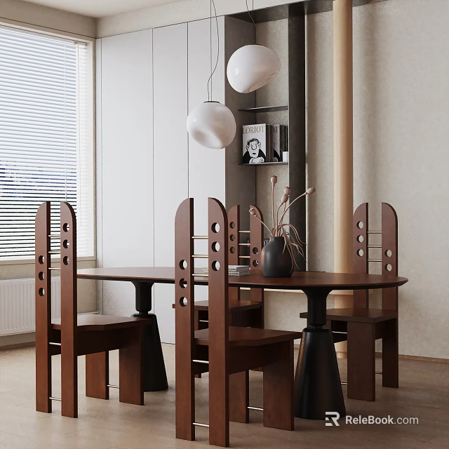 Modern Brown Dining Table Set With Four Wooden Chairs Circular Cutout And White Pendant Lights 3d model 