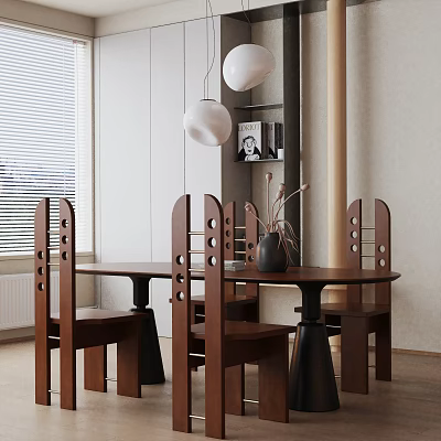 Modern Brown Dining Table Set With Four Wooden Chairs Circular Cutout And White Pendant Lights 3d model
