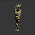 Four Yellow And Green Robot Characters With Black Details Standing Arms Extended Gray Background