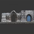 Medieval Stone Architecture Miniature Featuring Arched Entrance Blue Door and Weathered Details