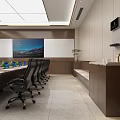 Modern Conference Room Interior With Long Table Black Leather Chairs Large Screen Green Plant Windows