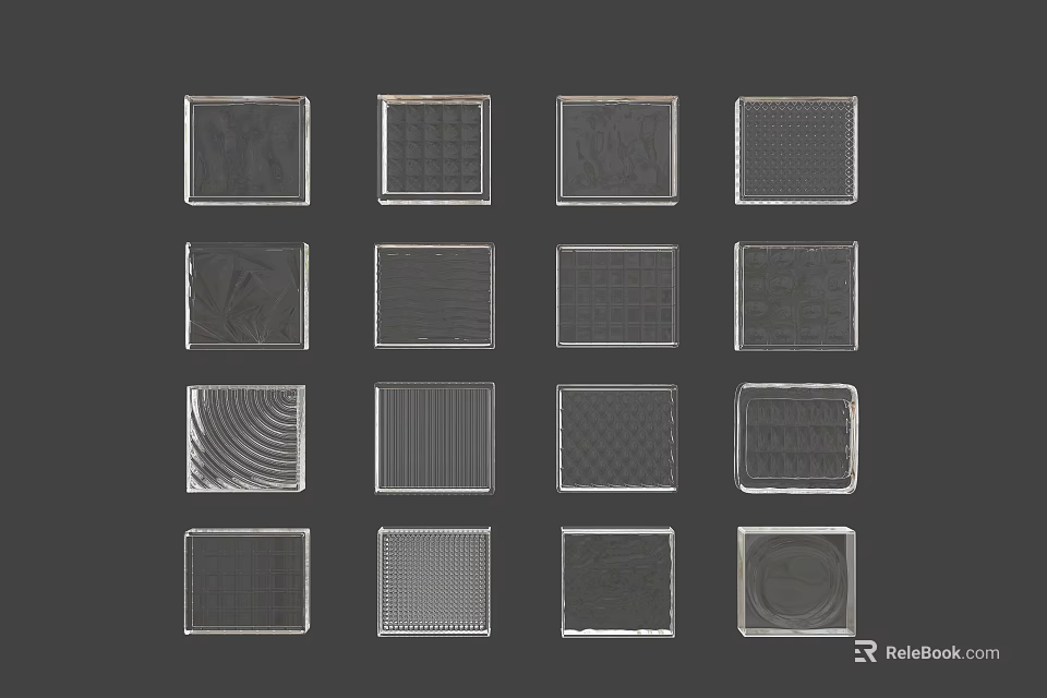 16 Transparent Square Glass Pieces With Various Patterns Arranged In 4 Rows And 4 Columns 3d model 