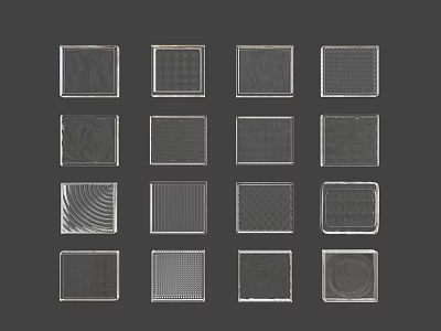 16 Transparent Square Glass Pieces With Various Patterns Arranged In 4 Rows And 4 Columns 3d model