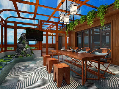 Luxurious Villa Balcony Design With Glass Roof Wooden Dining Table Hanging Lanterns And Green Plants 3d model