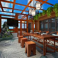 Luxurious Villa Balcony Design With Glass Roof Wooden Dining Table Hanging Lanterns And Green Plants