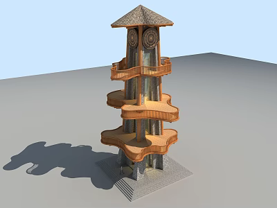 Unique Multi Level Tower Design Featuring Wooden Platforms Gray Structure And Pitched Roof 3d model
