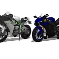 Two Sporty Green White And Blue Motorcycles On Gray Floor With Gray Walls