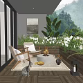 Home Balcony With Wooden Flooring Wicker Chairs Fire Pit Green Plants And Mountain View