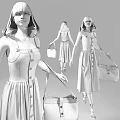 Elegant Model Wearing Blue And White Patterned Dress With Matching Handbag