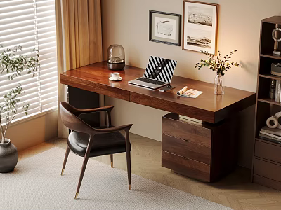 Cozy Wooden Desk with Laptop Lamp Vase and Framed Pictures in Modern Study 3d model