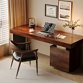Cozy Wooden Desk with Laptop Lamp Vase and Framed Pictures in Modern Study