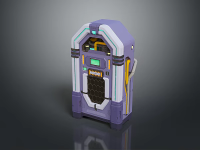 Purple Futuristic Machine With Green Display Yellow Pipes And Hexagonal Panel 3d model